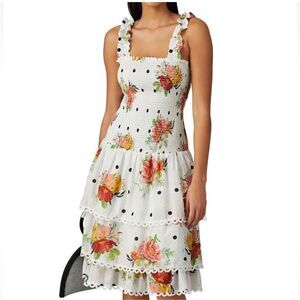 Farm Rio Floral Nanaju Polka Dot Smocked Midi Dress – Size Medium –NWOT